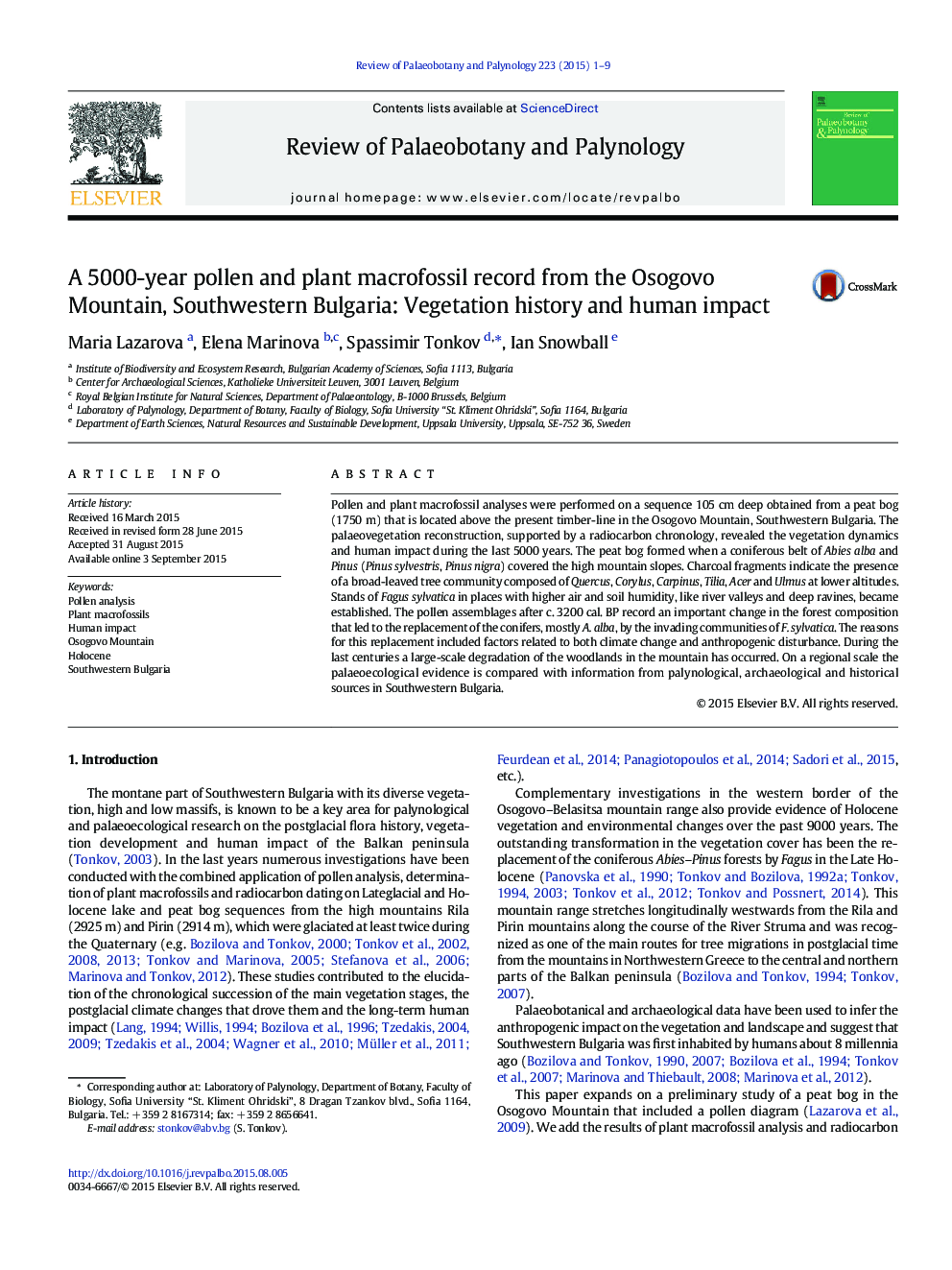 A 5000-year pollen and plant macrofossil record from the Osogovo Mountain, Southwestern Bulgaria: Vegetation history and human impact