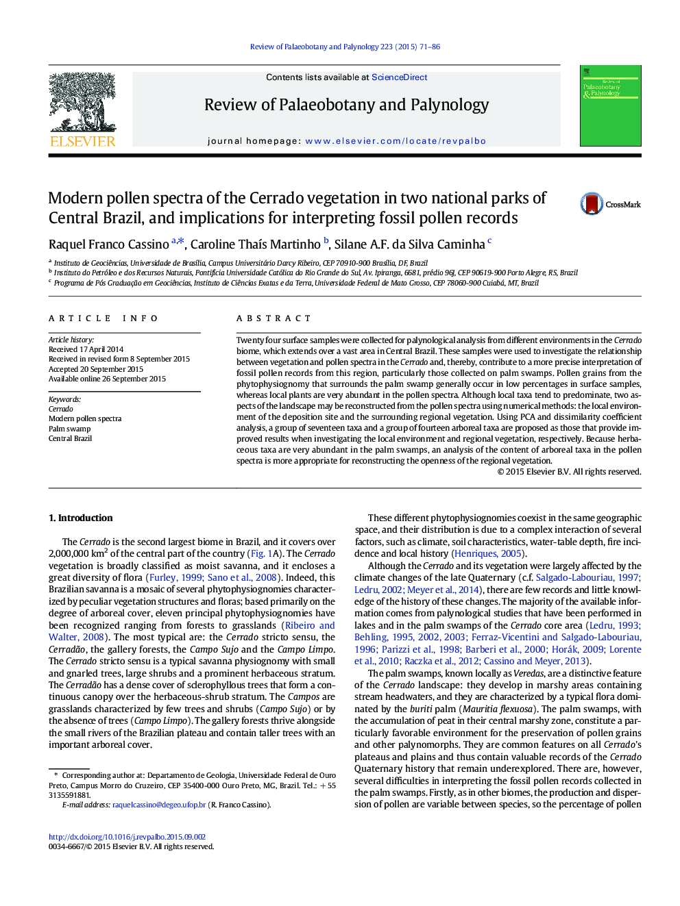 Modern pollen spectra of the Cerrado vegetation in two national parks of Central Brazil, and implications for interpreting fossil pollen records