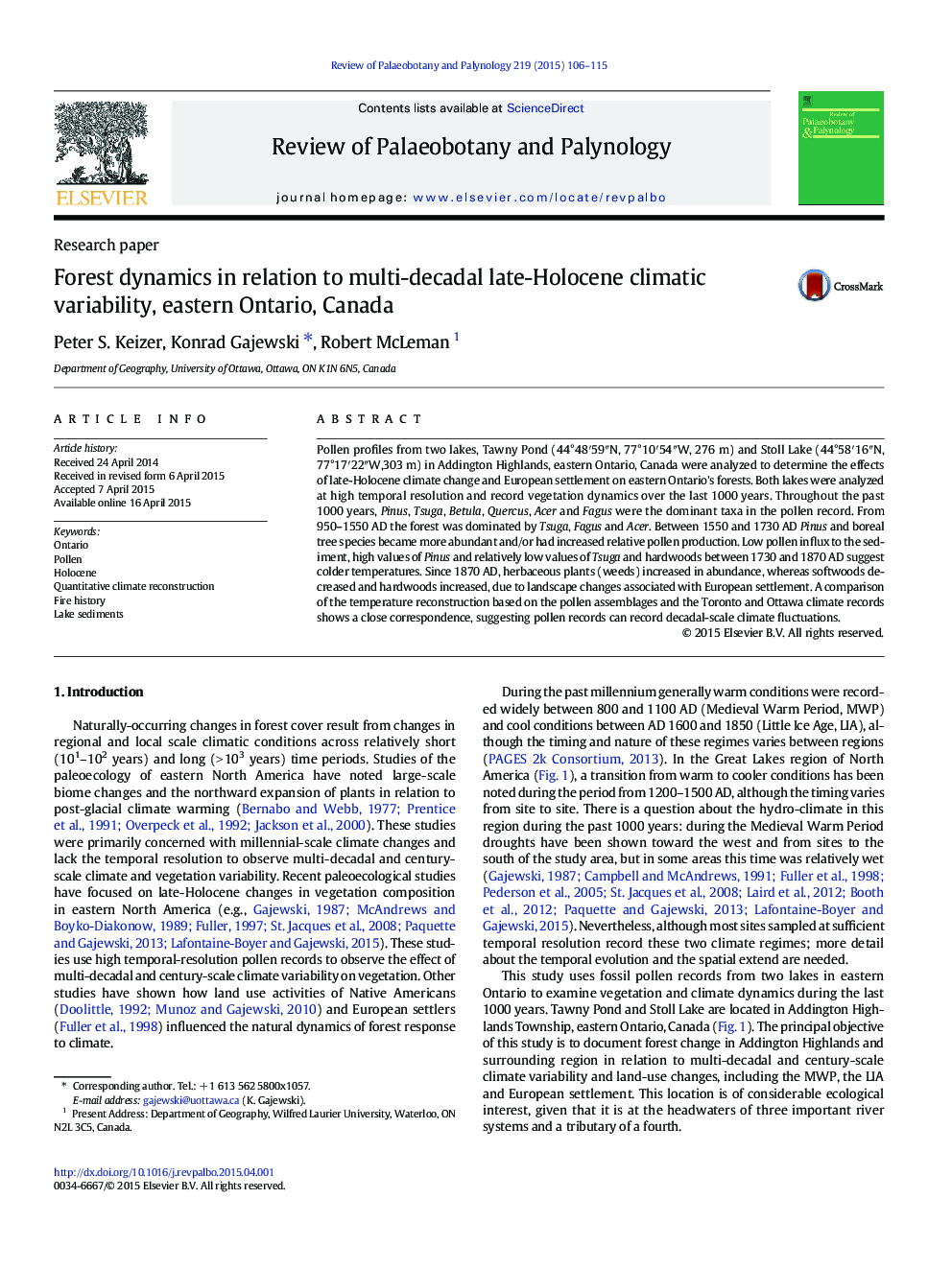 Forest dynamics in relation to multi-decadal late-Holocene climatic variability, eastern Ontario, Canada