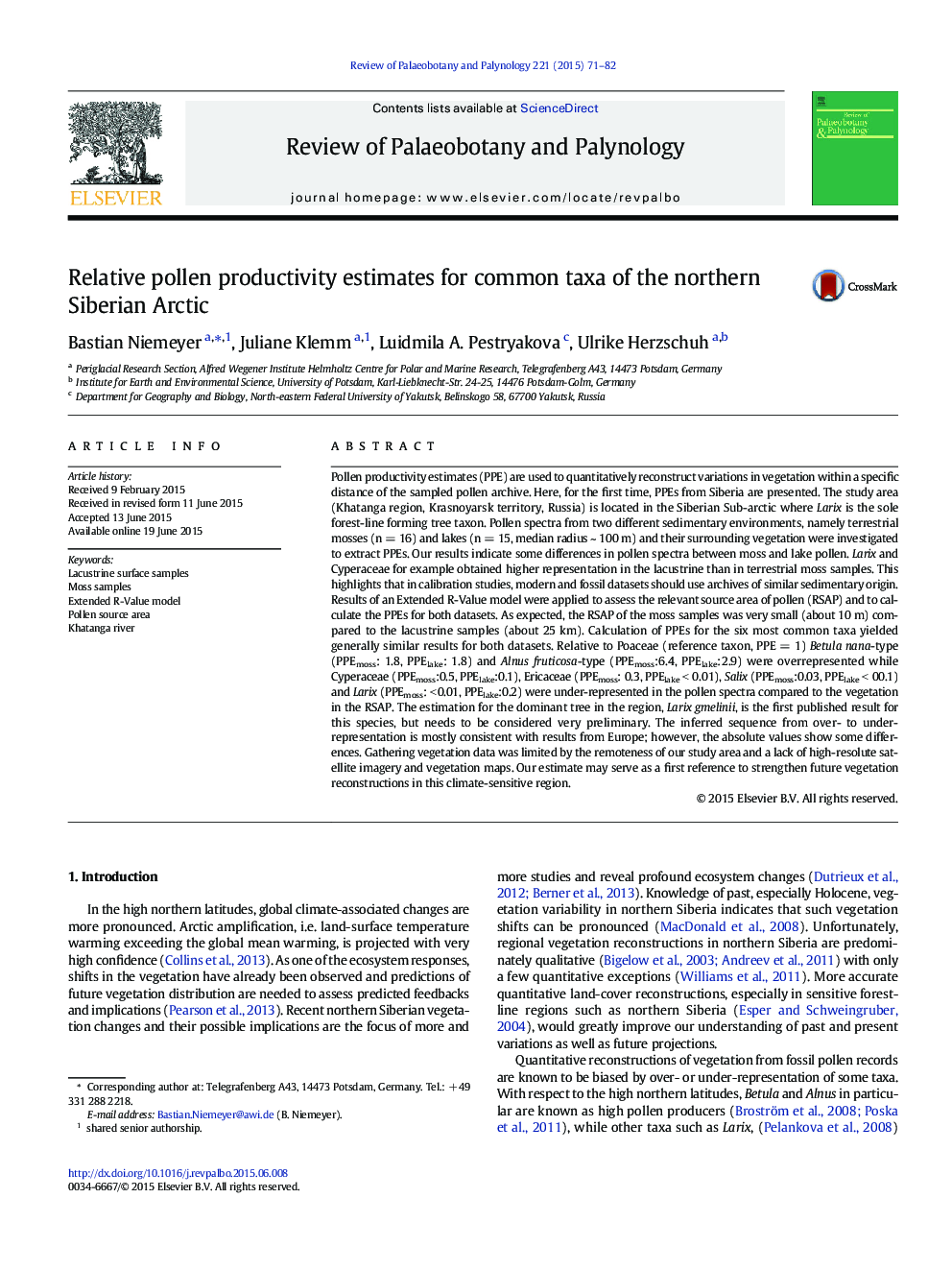 Relative pollen productivity estimates for common taxa of the northern Siberian Arctic