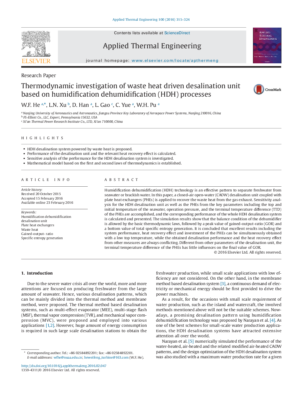 Thermodynamic investigation of waste heat driven desalination unit based on humidification dehumidification (HDH) processes