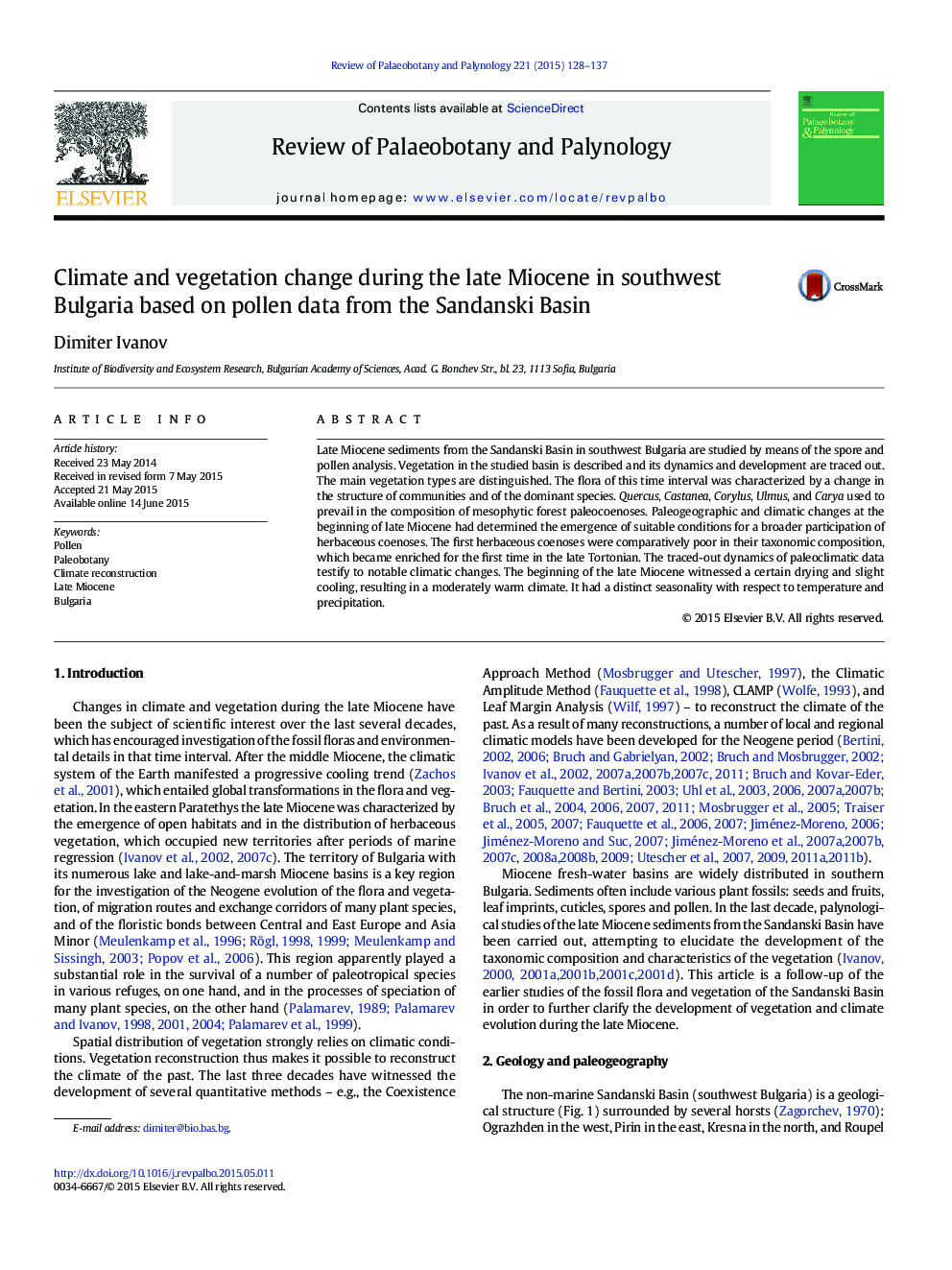 Climate and vegetation change during the late Miocene in southwest Bulgaria based on pollen data from the Sandanski Basin