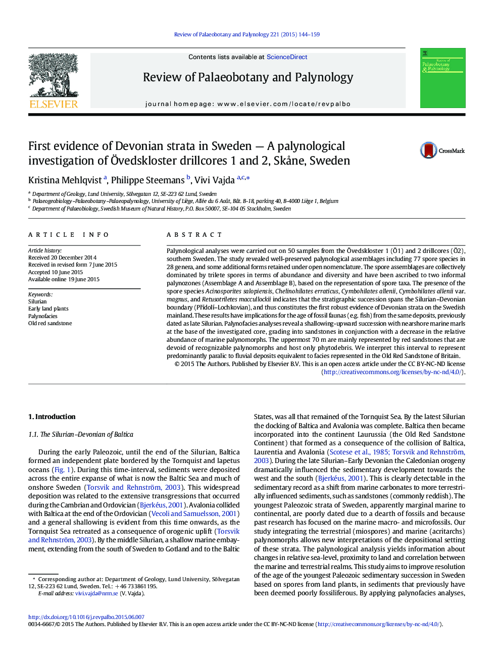 First evidence of Devonian strata in Sweden - A palynological investigation of Ãvedskloster drillcores 1 and 2, SkÃ¥ne, Sweden