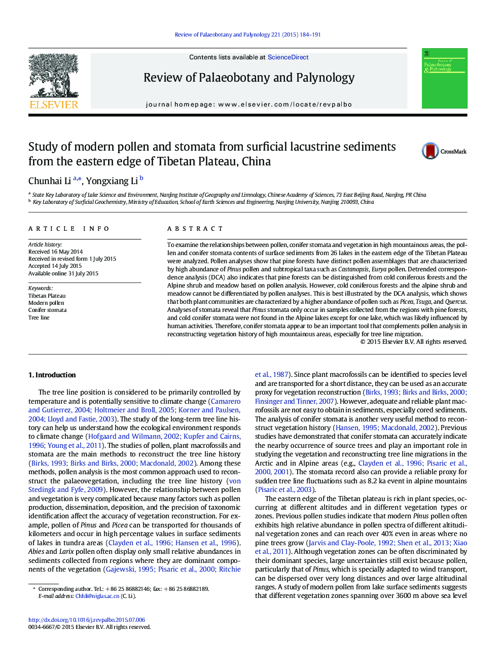 Study of modern pollen and stomata from surficial lacustrine sediments from the eastern edge of Tibetan Plateau, China