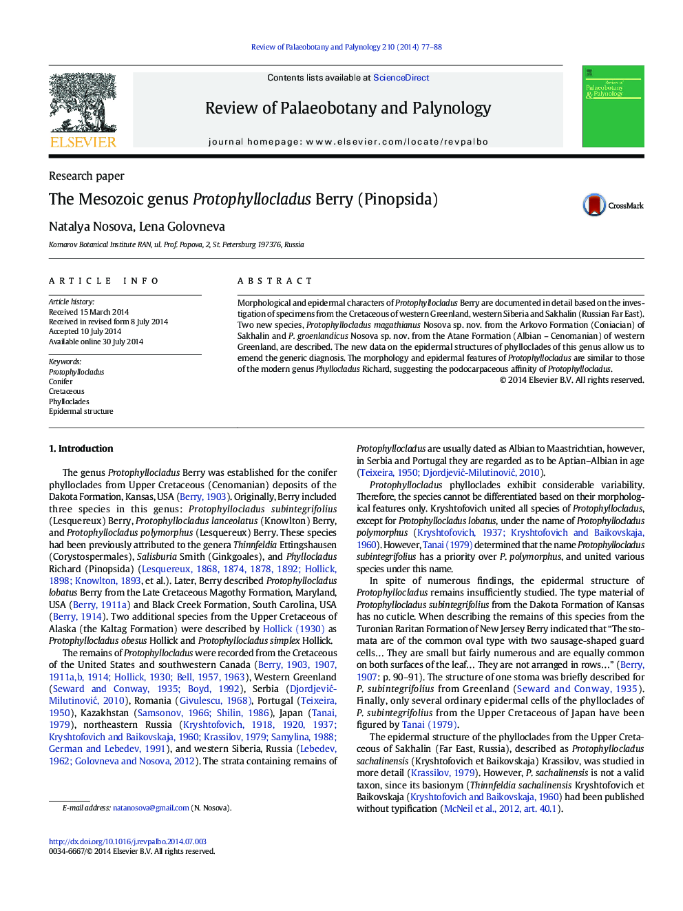 The Mesozoic genus Protophyllocladus Berry (Pinopsida)