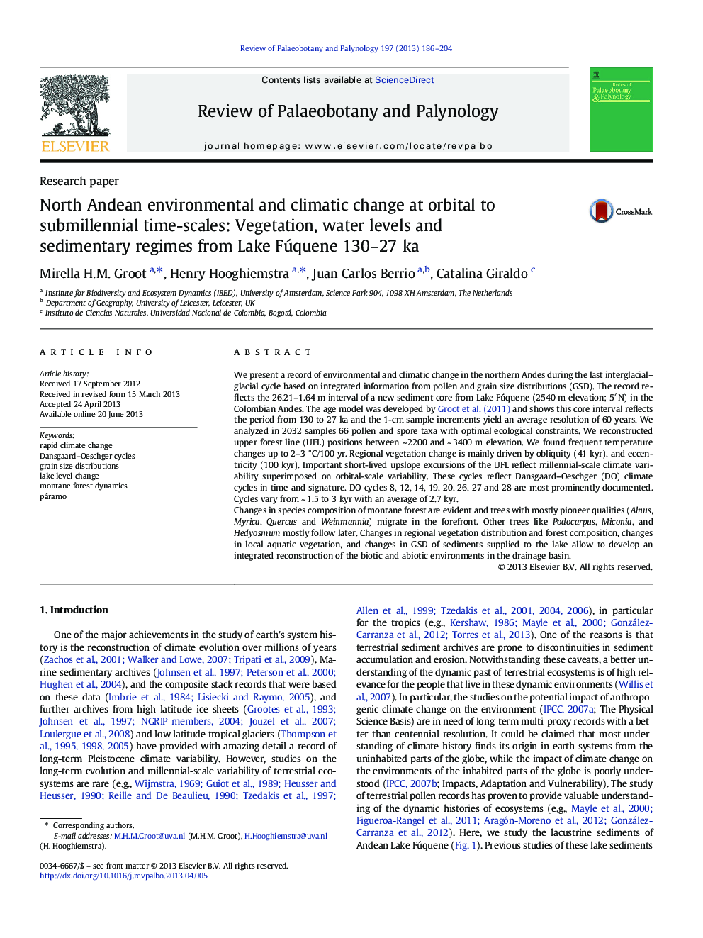 Research paperNorth Andean environmental and climatic change at orbital to submillennial time-scales: Vegetation, water levels and sedimentary regimes from Lake Fúquene 130-27Â ka