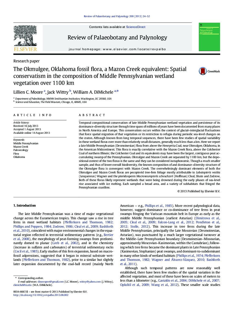 The Okmulgee, Oklahoma fossil flora, a Mazon Creek equivalent: Spatial conservatism in the composition of Middle Pennsylvanian wetland vegetation over 1100Â km