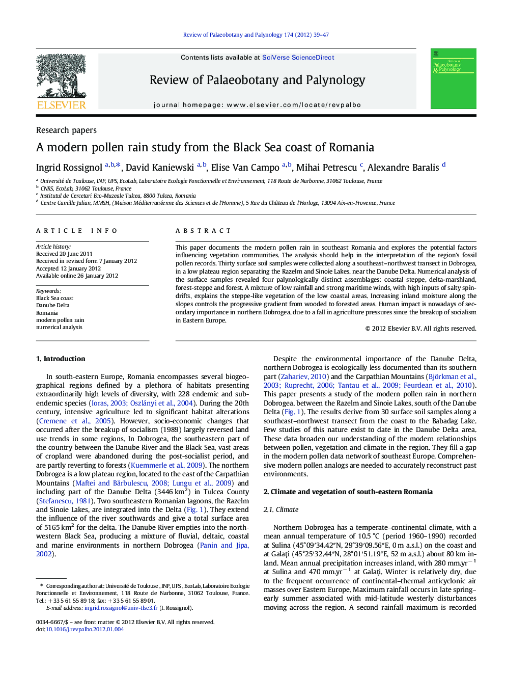 Research papersA modern pollen rain study from the Black Sea coast of Romania