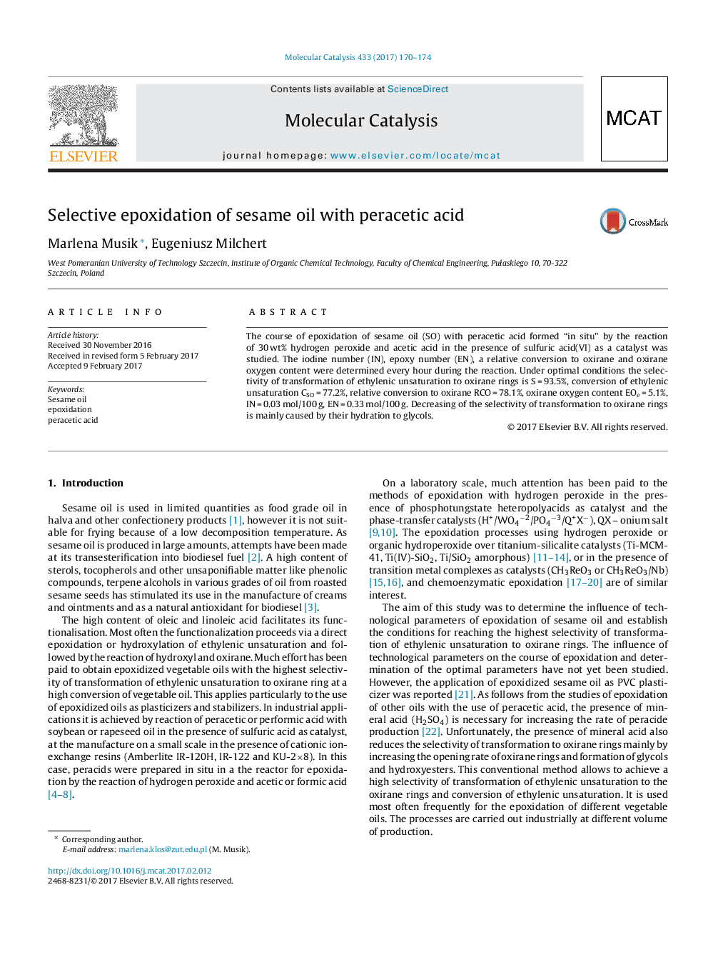 Selective epoxidation of sesame oil with peracetic acid