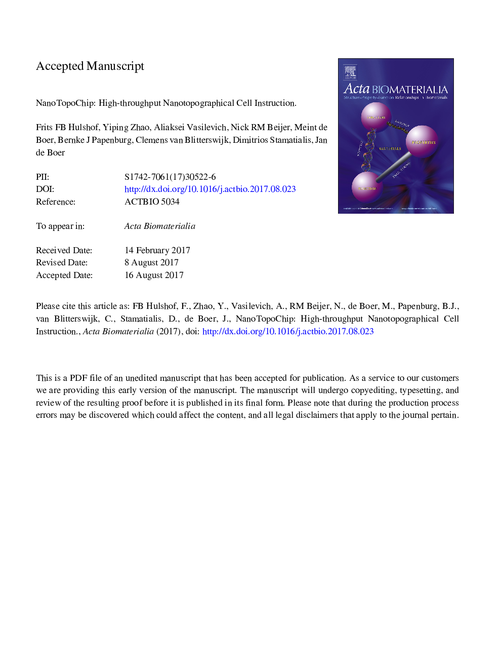 NanoTopoChip: High-throughput nanotopographical cell instruction