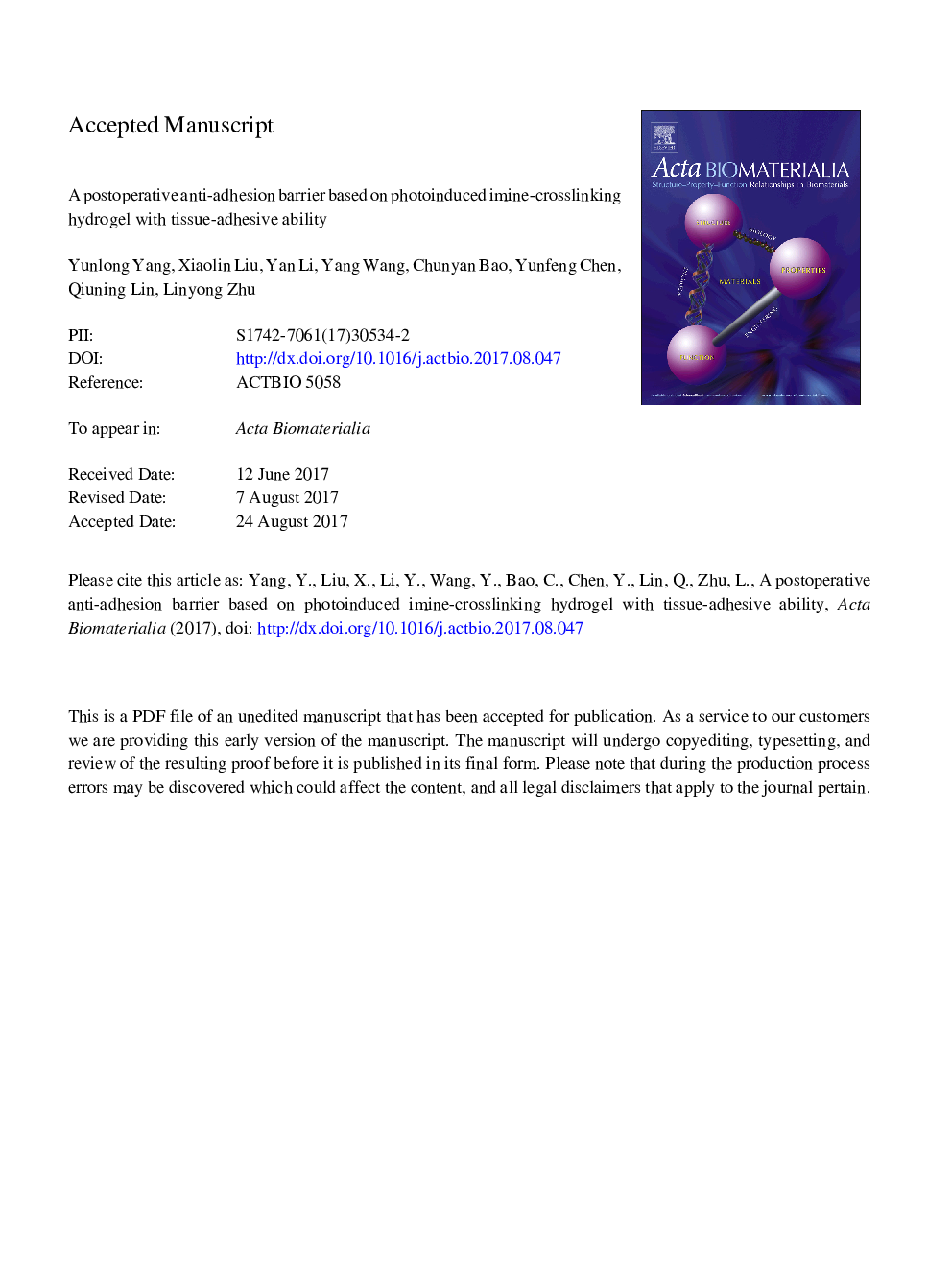 A postoperative anti-adhesion barrier based on photoinduced imine-crosslinking hydrogel with tissue-adhesive ability