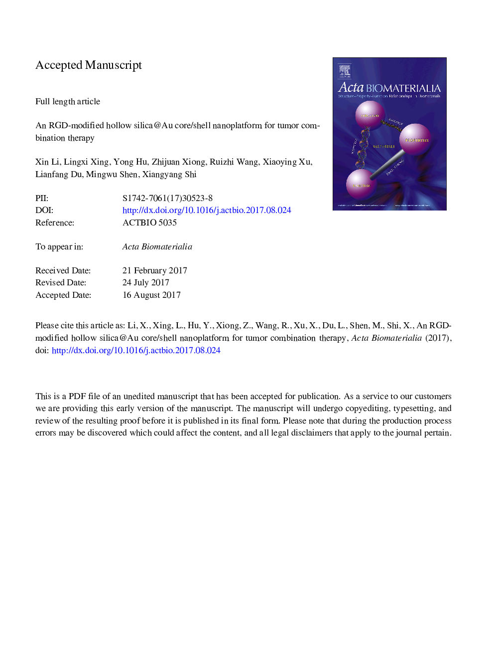 An RGD-modified hollow silica@Au core/shell nanoplatform for tumor combination therapy