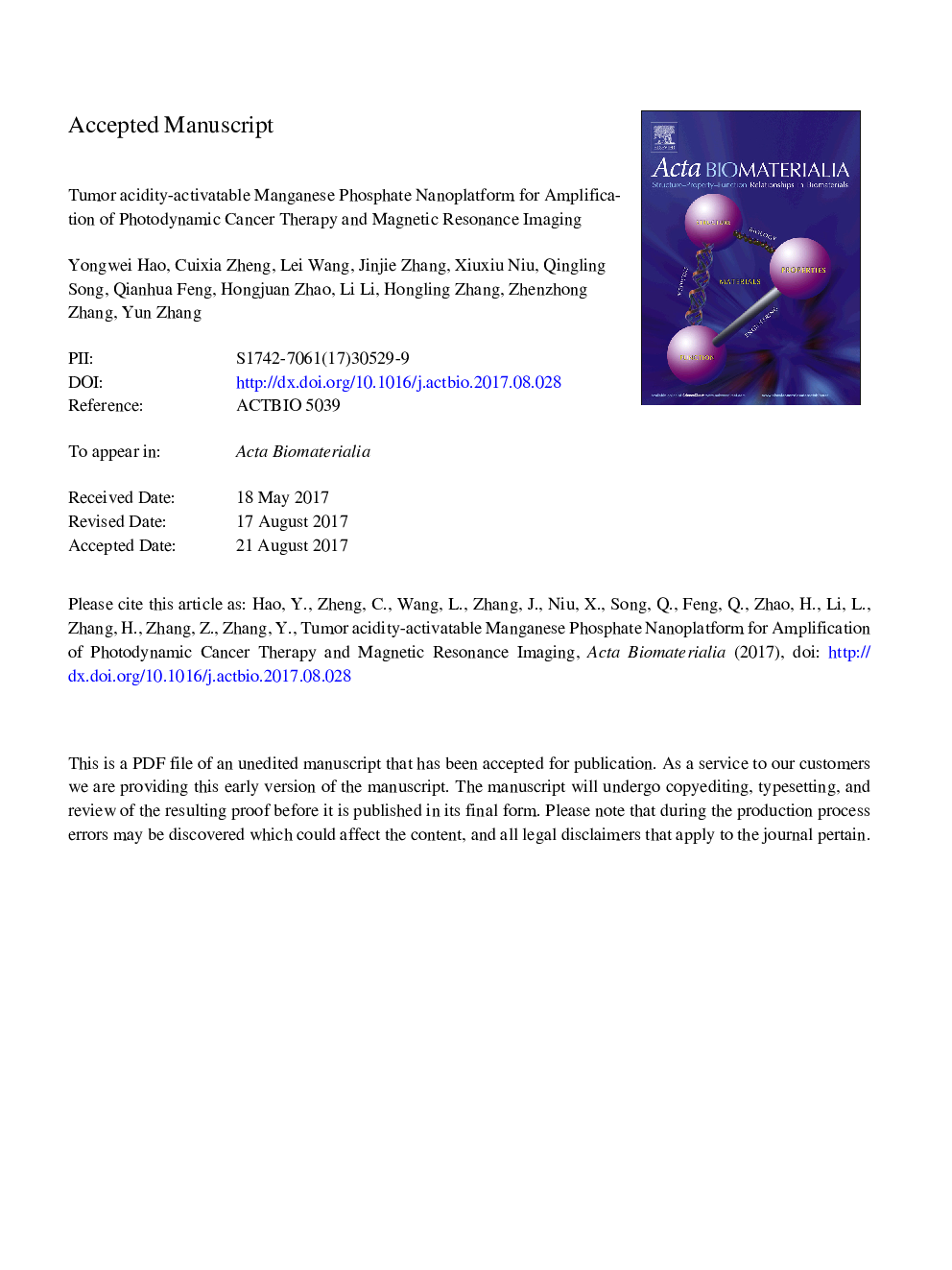 Tumor acidity-activatable manganese phosphate nanoplatform for amplification of photodynamic cancer therapy and magnetic resonance imaging