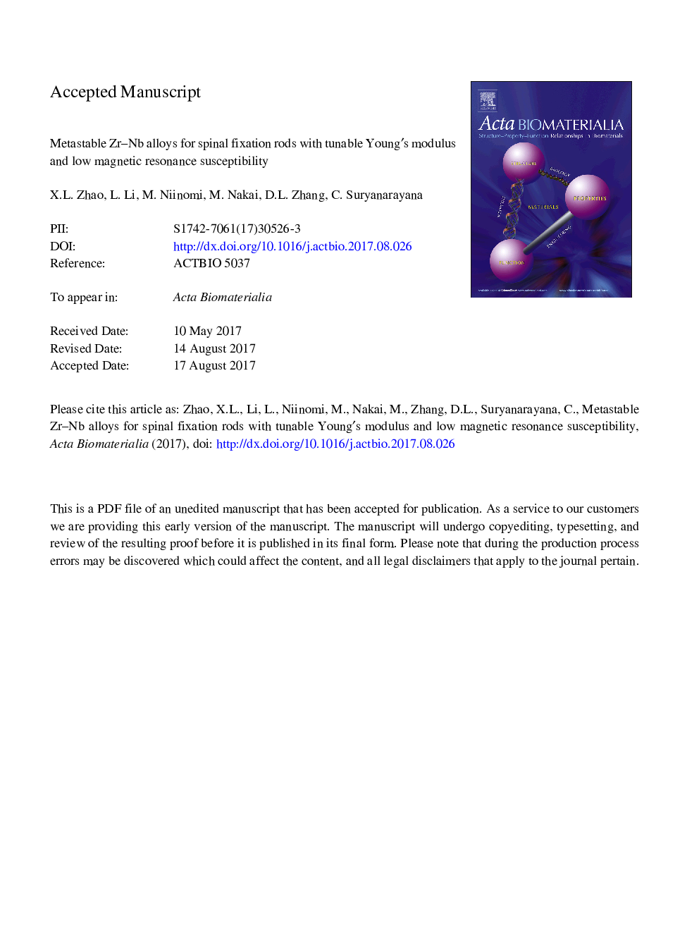 Metastable Zr-Nb alloys for spinal fixation rods with tunable Young's modulus and low magnetic resonance susceptibility