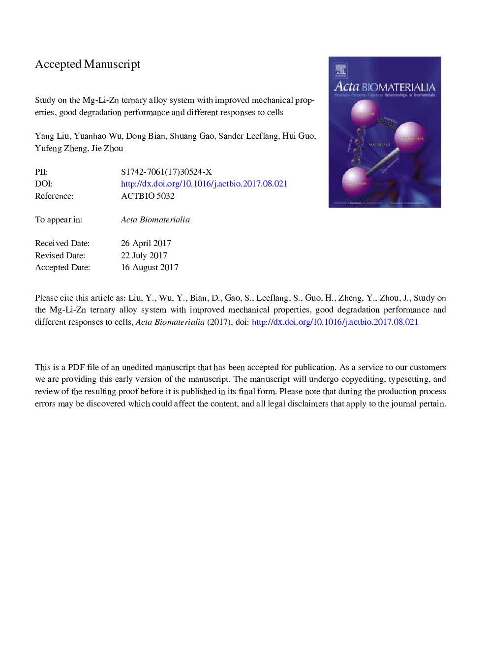 Study on the Mg-Li-Zn ternary alloy system with improved mechanical properties, good degradation performance and different responses to cells