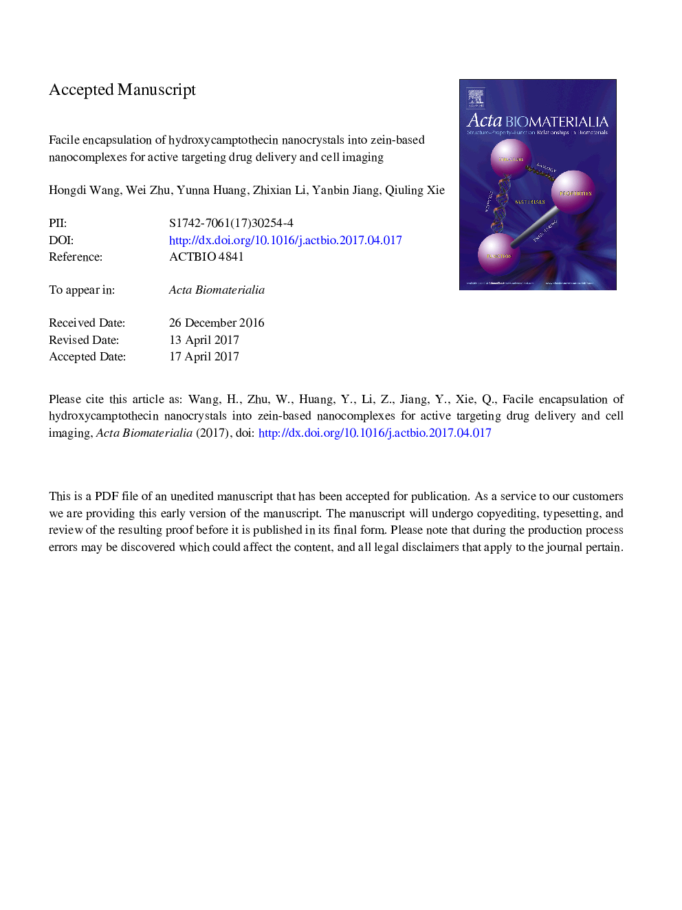 Facile encapsulation of hydroxycamptothecin nanocrystals into zein-based nanocomplexes for active targeting in drug delivery and cell imaging