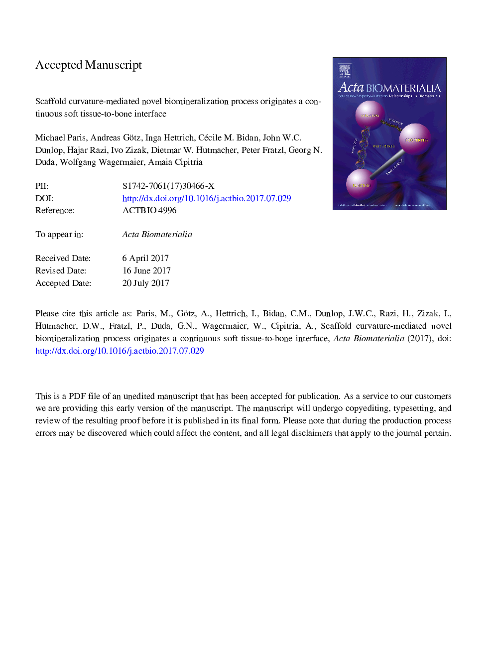 عکس صفحه اول مقاله: Scaffold curvature-mediated novel biomineralization process originates a continuous soft tissue-to-bone interface Scaffold curvature-mediated novel biomineralization process originates a continuous soft tissue-to-bone interface