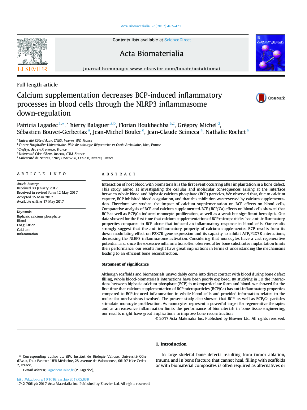 Full length articleCalcium supplementation decreases BCP-induced inflammatory processes in blood cells through the NLRP3 inflammasome down-regulation