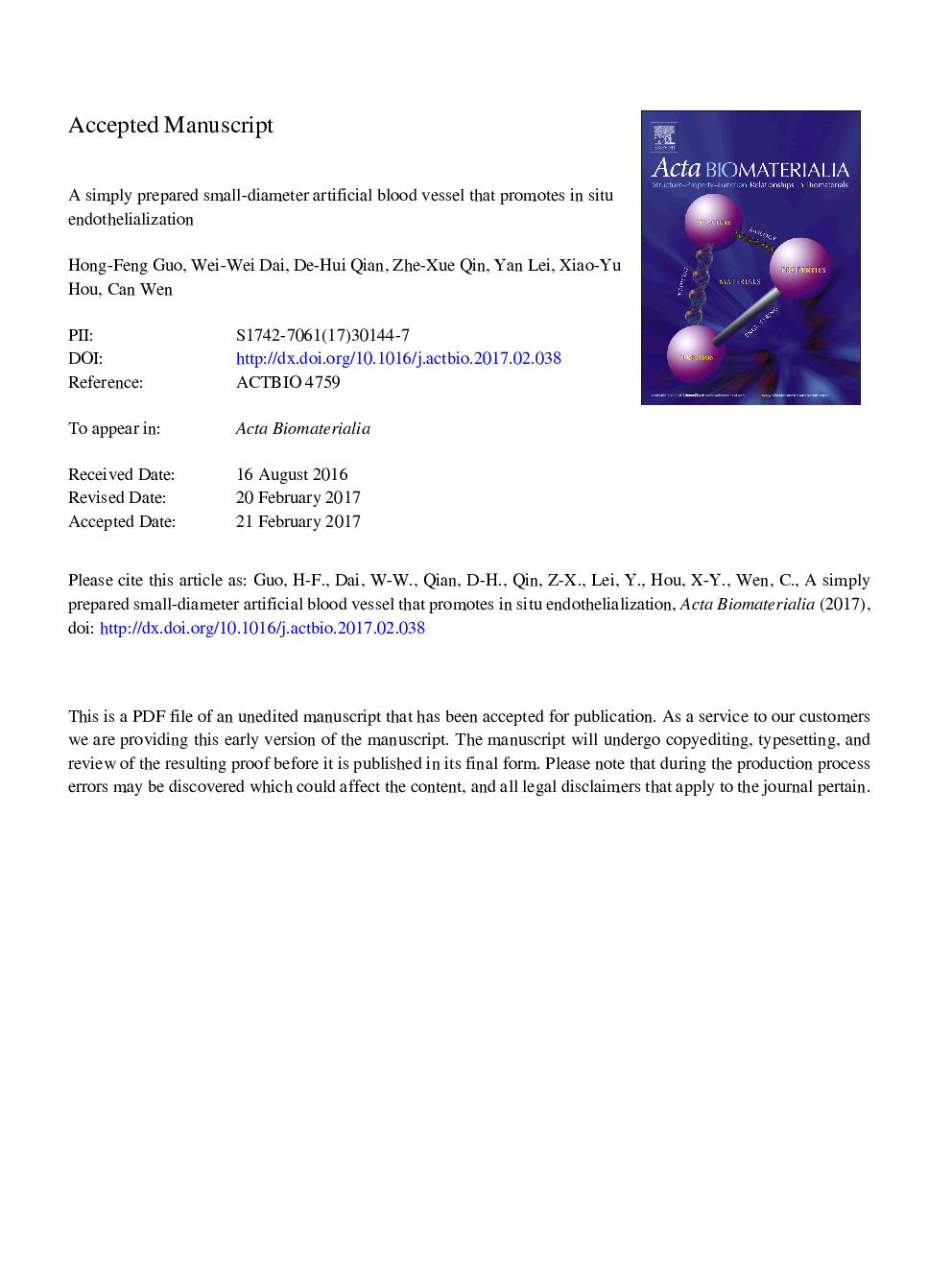 A simply prepared small-diameter artificial blood vessel that promotes in situ endothelialization