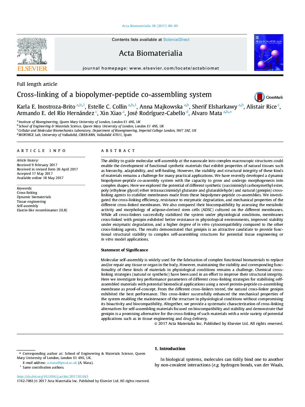 Full length articleCross-linking of a biopolymer-peptide co-assembling system