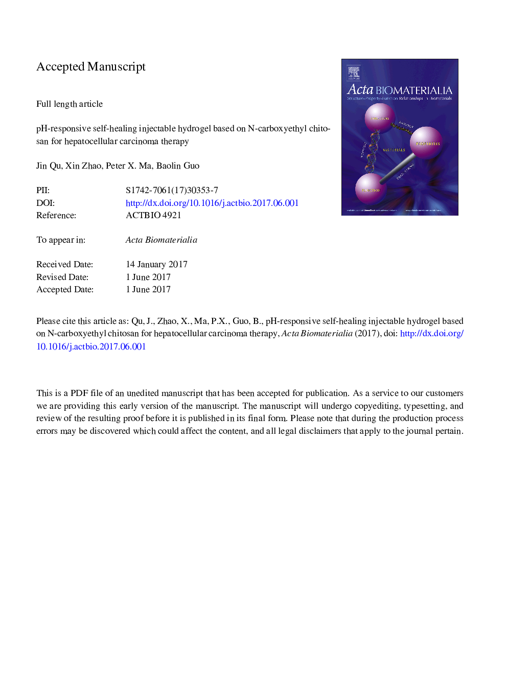 pH-responsive self-healing injectable hydrogel based on N-carboxyethyl chitosan for hepatocellular carcinoma therapy