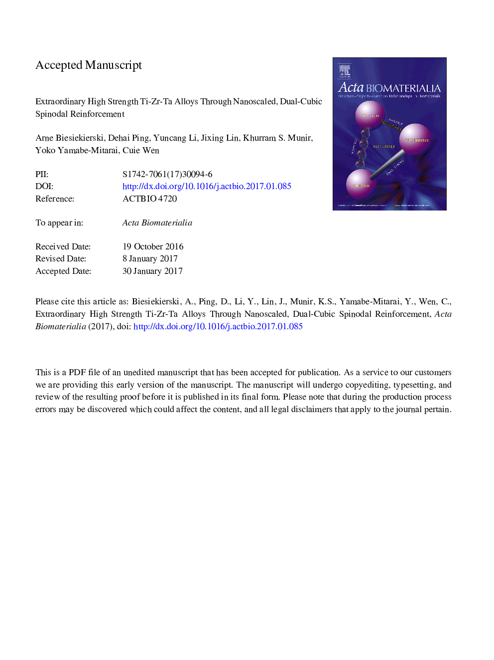عکس صفحه اول مقاله: Extraordinary high strength Ti-Zr-Ta alloys through nanoscaled, dual-cubic spinodal reinforcement Extraordinary high strength Ti-Zr-Ta alloys through nanoscaled, dual-cubic spinodal reinforcement
