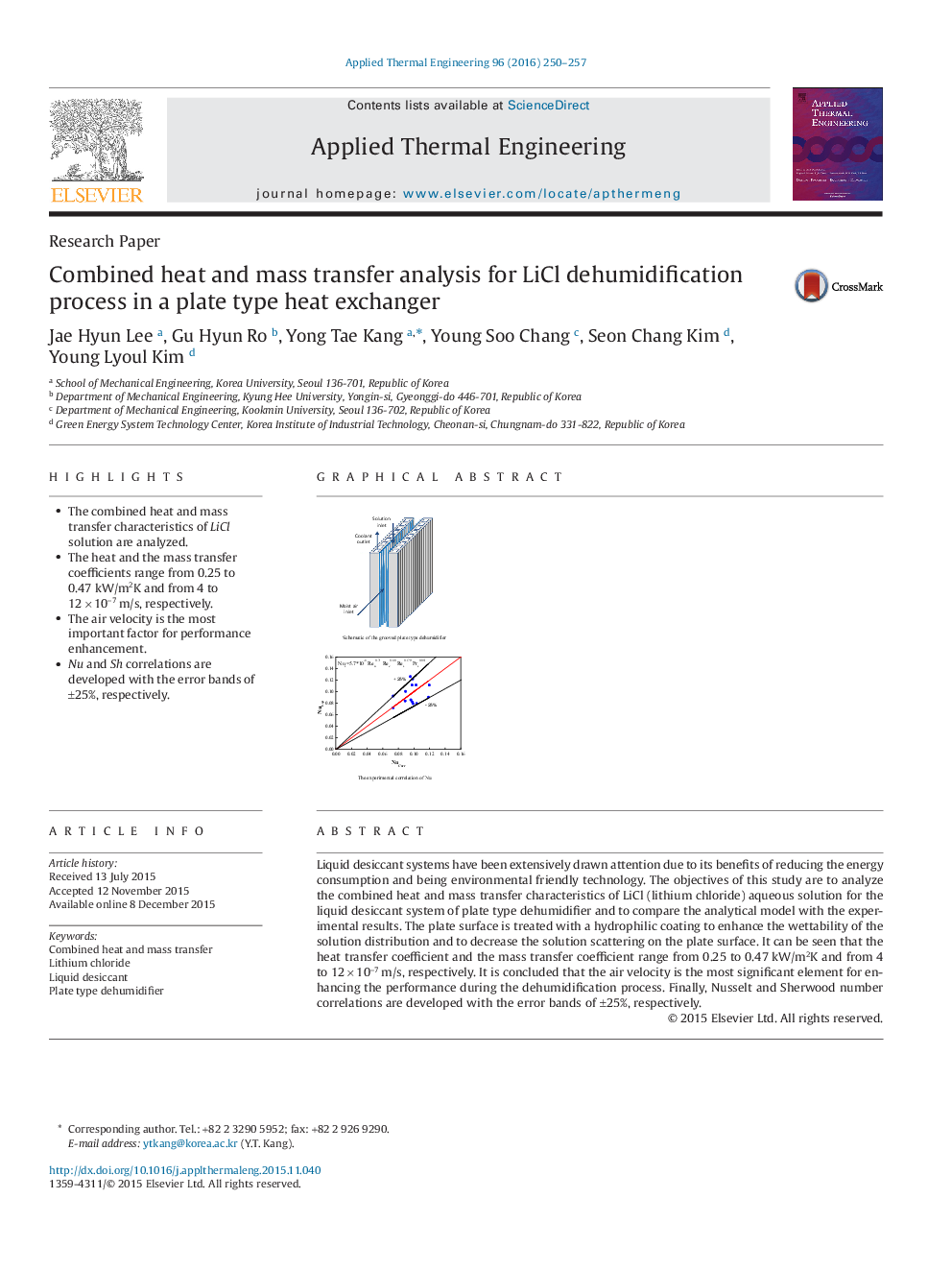 Combined heat and mass transfer analysis for LiCl dehumidification process in a plate type heat exchanger