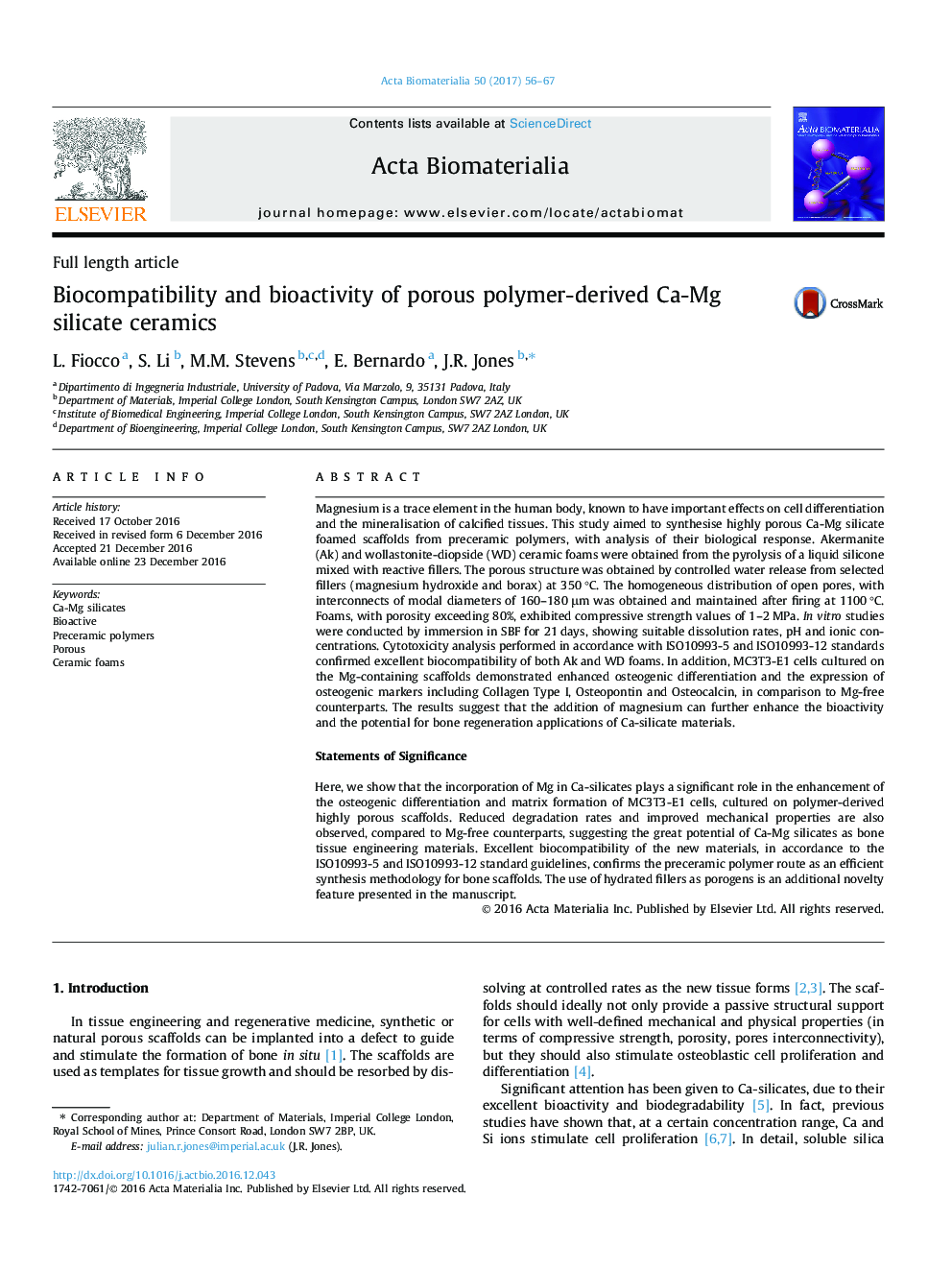 Full length articleBiocompatibility and bioactivity of porous polymer-derived Ca-Mg silicate ceramics