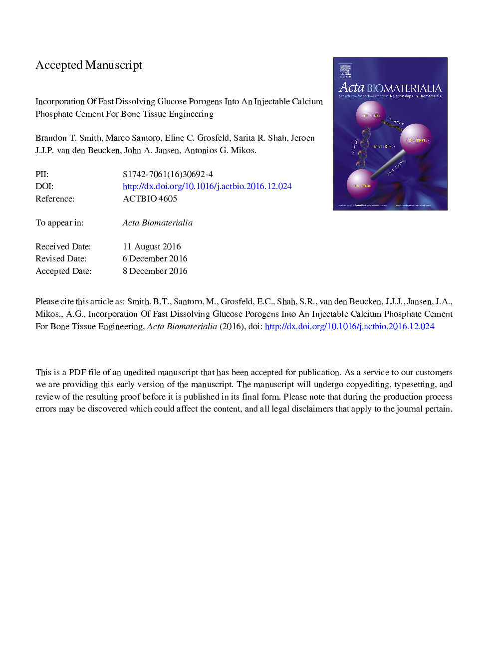 Incorporation of fast dissolving glucose porogens into an injectable calcium phosphate cement for bone tissue engineering