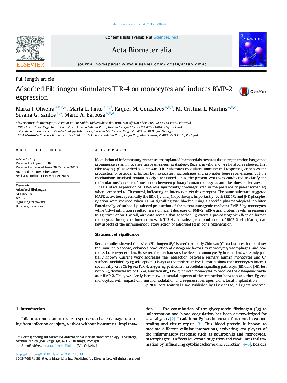 Full length articleAdsorbed Fibrinogen stimulates TLR-4 on monocytes and induces BMP-2 expression