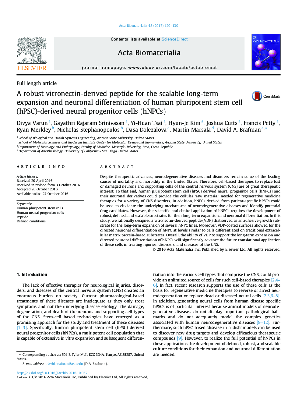 Full length articleA robust vitronectin-derived peptide for the scalable long-term expansion and neuronal differentiation of human pluripotent stem cell (hPSC)-derived neural progenitor cells (hNPCs)