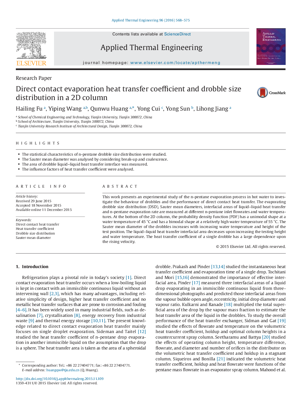 Direct contact evaporation heat transfer coefficient and drobble size distribution in a 2D column