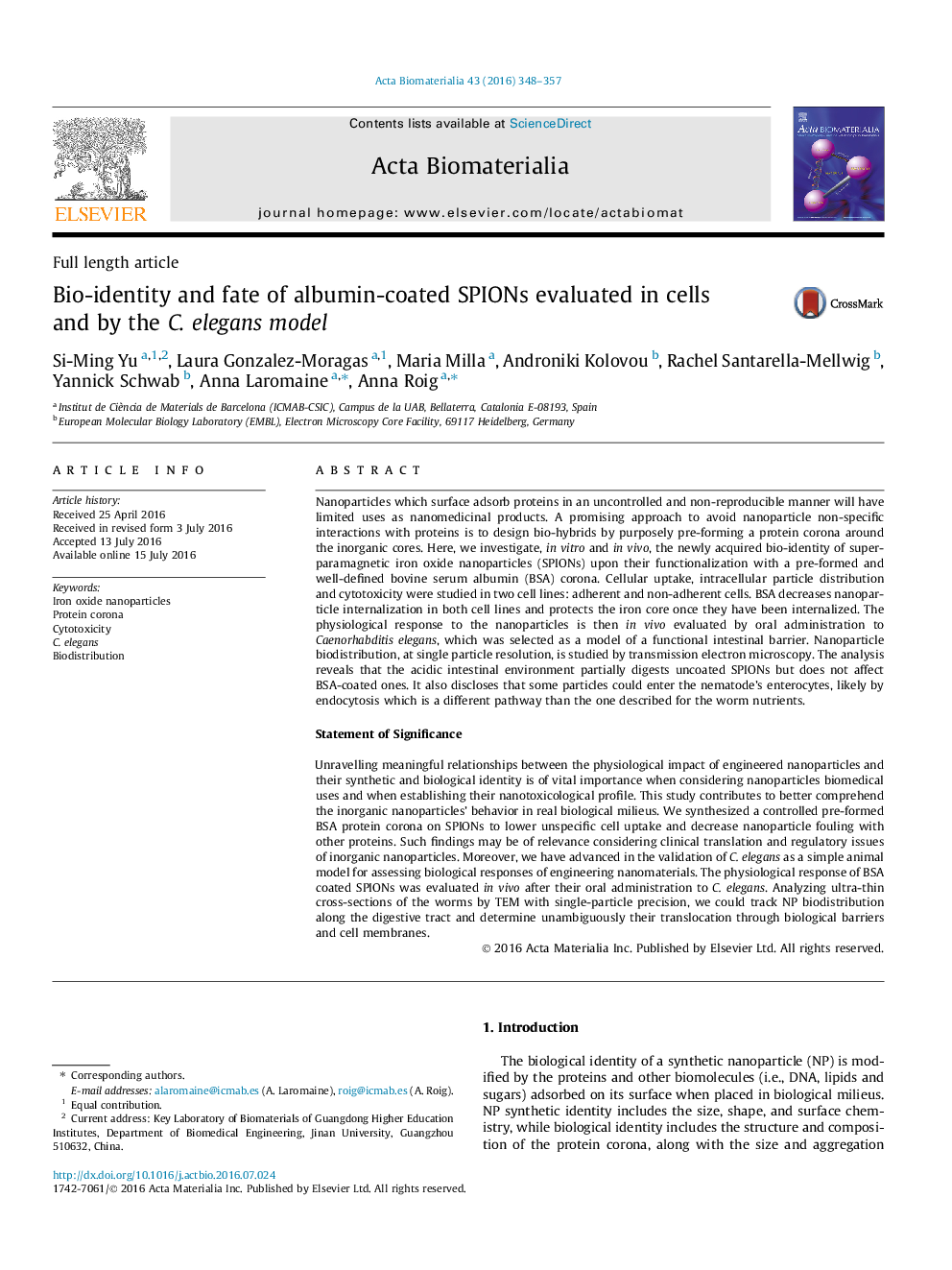 Full length articleBio-identity and fate of albumin-coated SPIONs evaluated in cells and by the C. elegans model