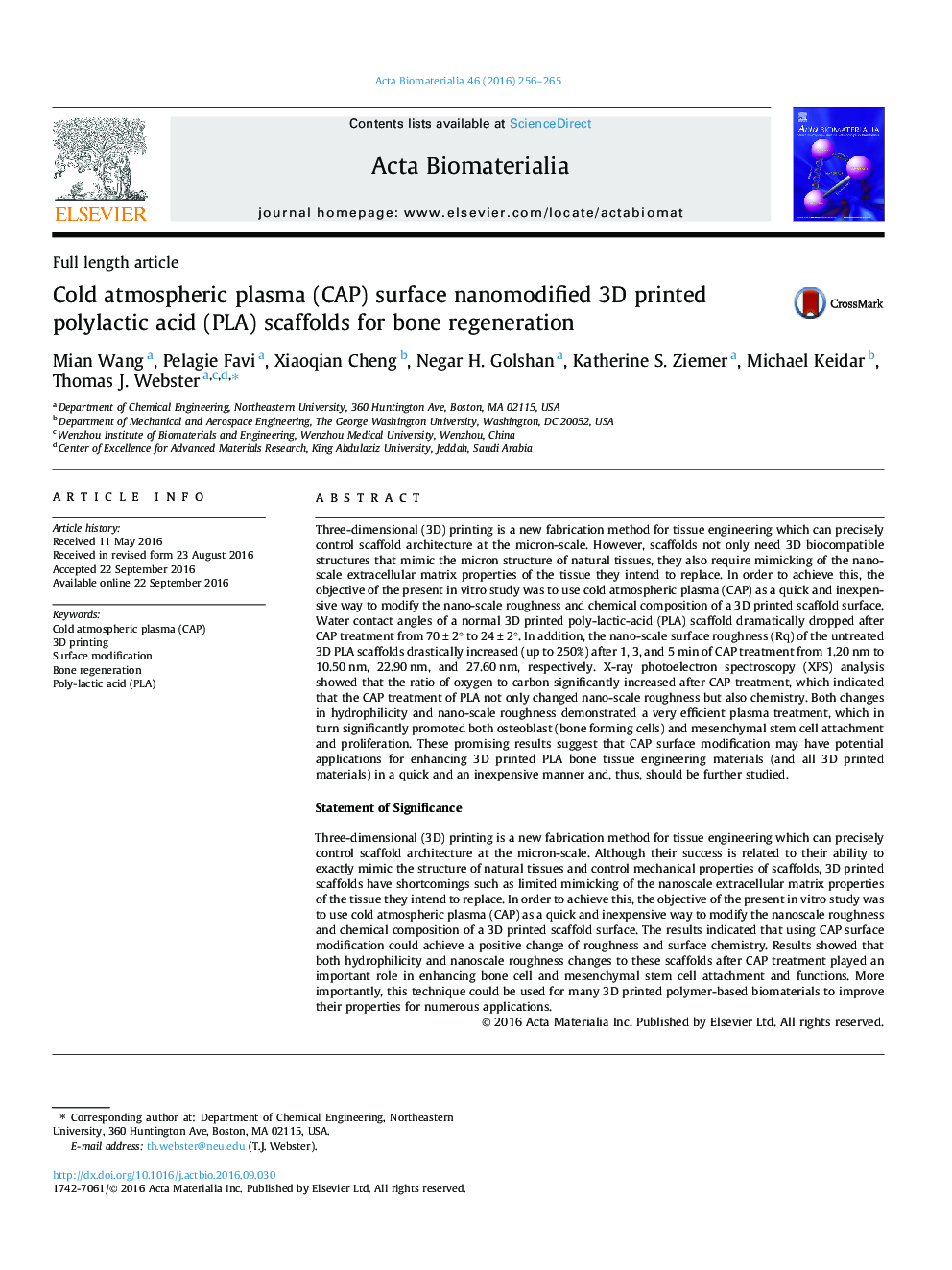 Full length articleCold atmospheric plasma (CAP) surface nanomodified 3D printed polylactic acid (PLA) scaffolds for bone regeneration