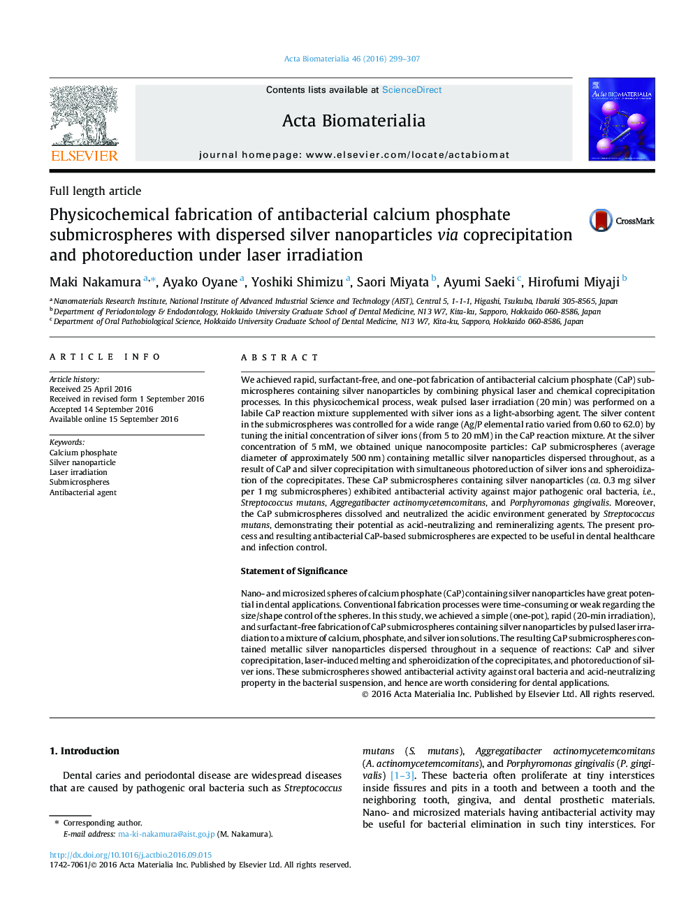 Full length articlePhysicochemical fabrication of antibacterial calcium phosphate submicrospheres with dispersed silver nanoparticles via coprecipitation and photoreduction under laser irradiation