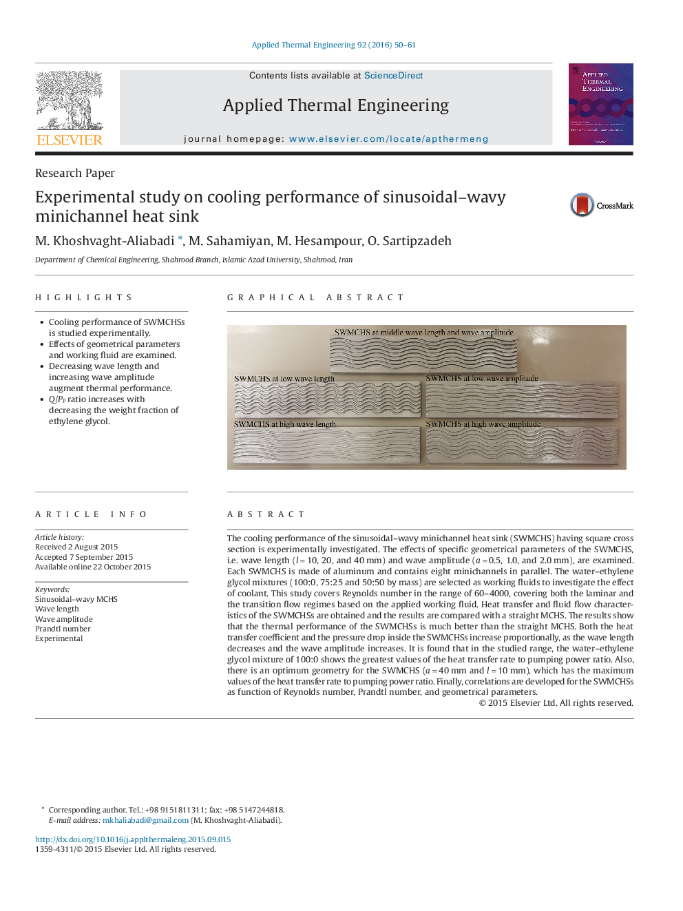 Experimental study on cooling performance of sinusoidal–wavy minichannel heat sink