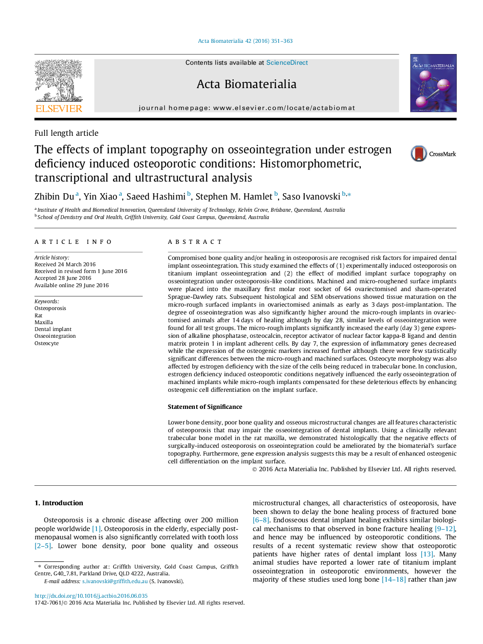 Full length articleThe effects of implant topography on osseointegration under estrogen deficiency induced osteoporotic conditions: Histomorphometric, transcriptional and ultrastructural analysis