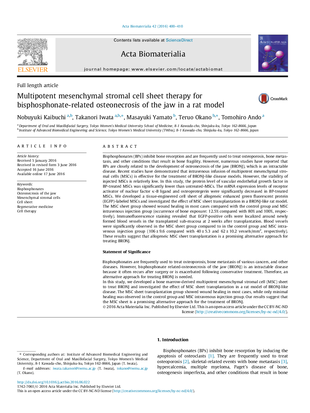 Full length articleMultipotent mesenchymal stromal cell sheet therapy for bisphosphonate-related osteonecrosis of the jaw in a rat model