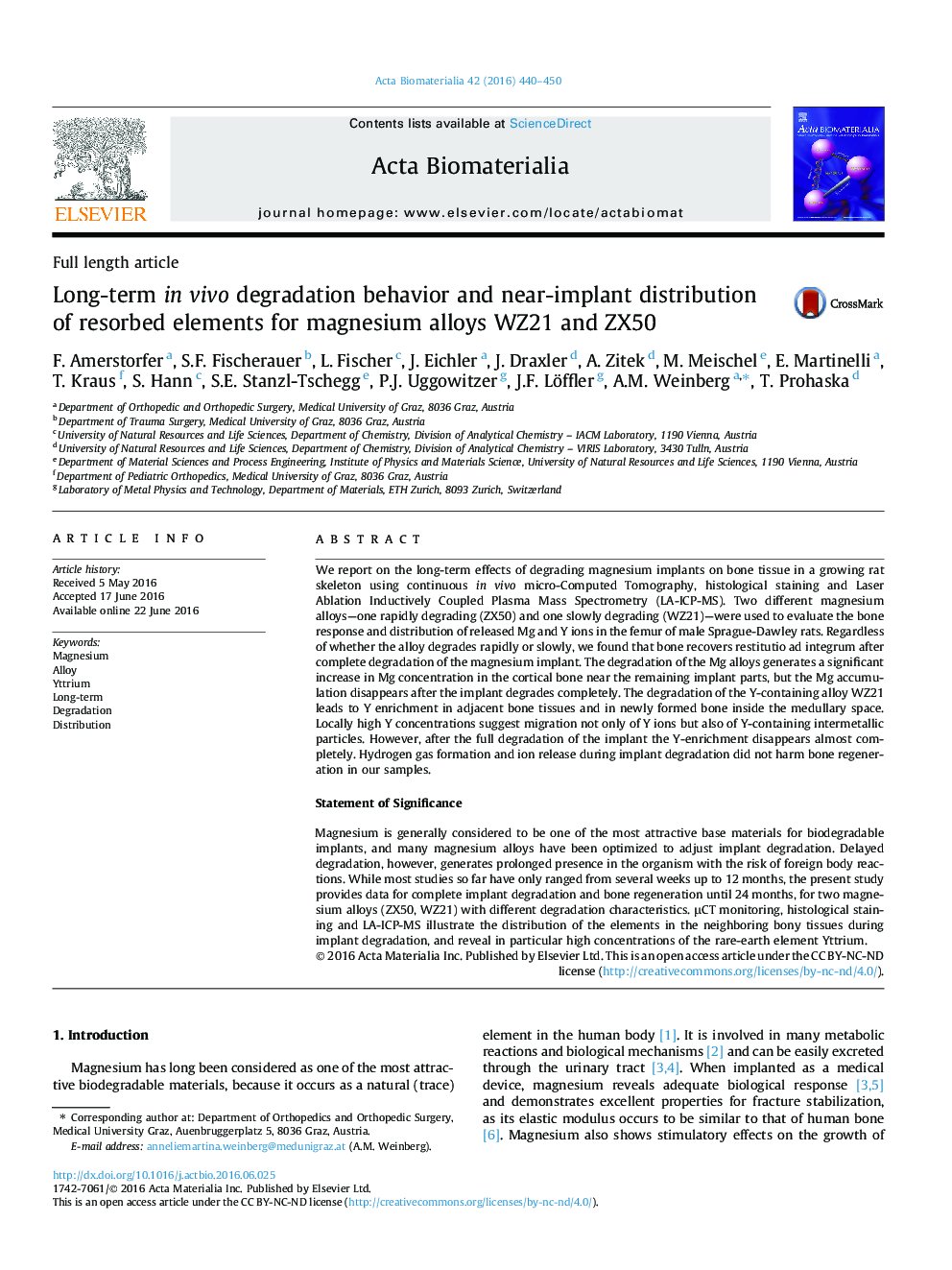 Full length articleLong-term in vivo degradation behavior and near-implant distribution of resorbed elements for magnesium alloys WZ21 and ZX50