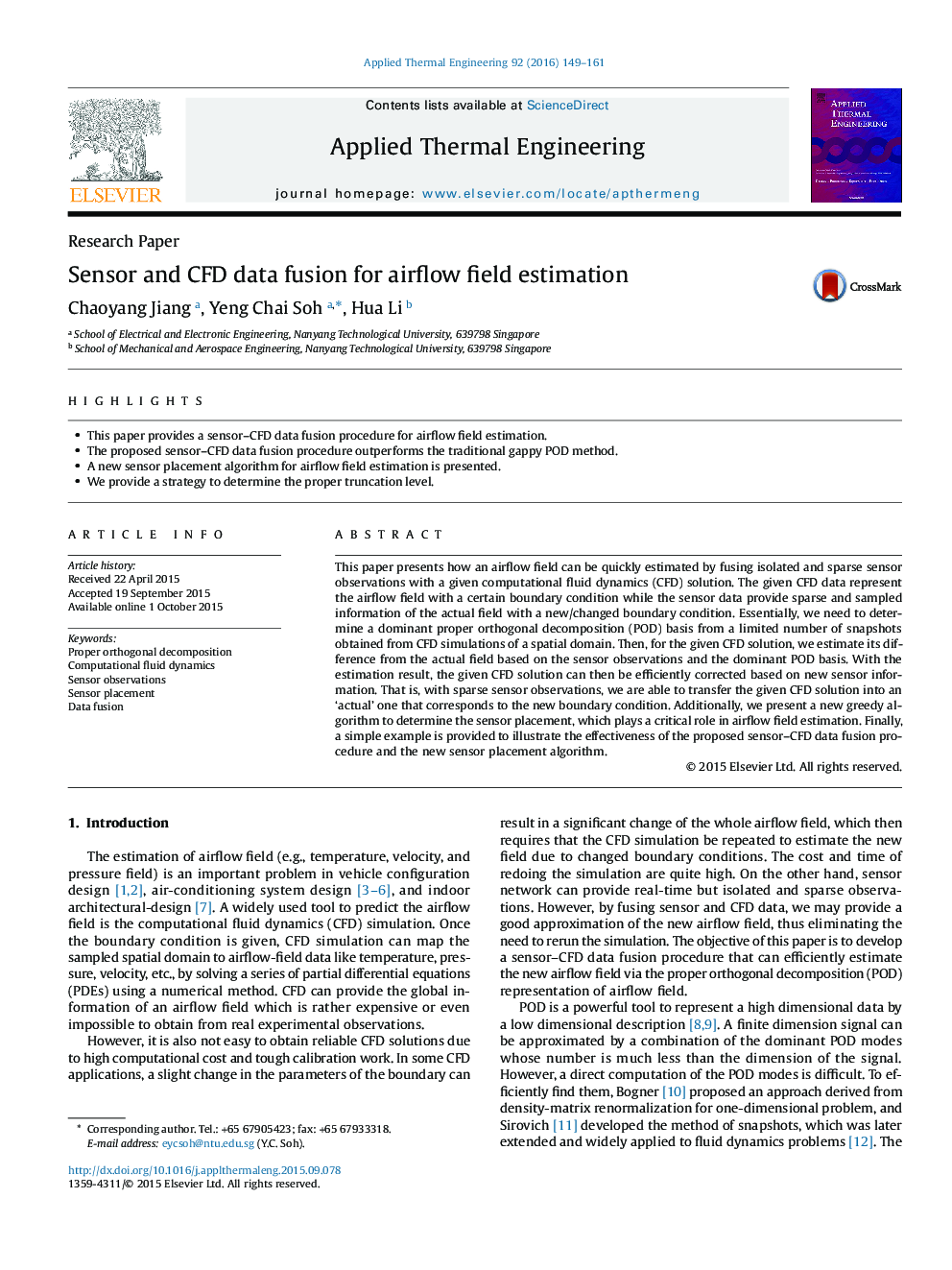 عکس صفحه اول مقاله: Sensor and CFD data fusion for airflow field estimation Sensor and CFD data fusion for airflow field estimation