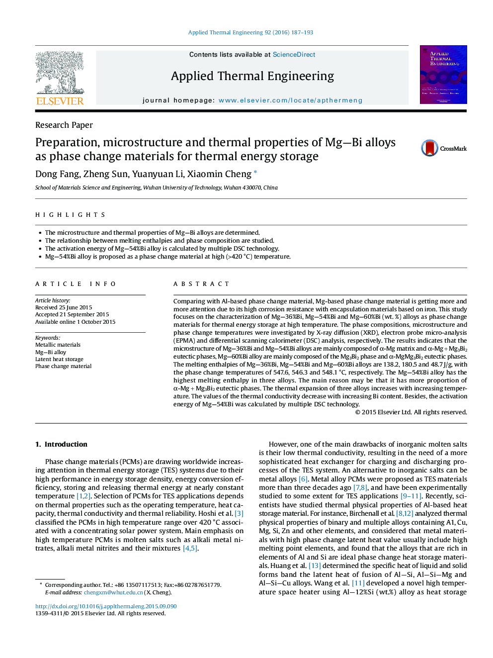 Preparation, microstructure and thermal properties of MgBi alloys as phase change materials for thermal energy storage