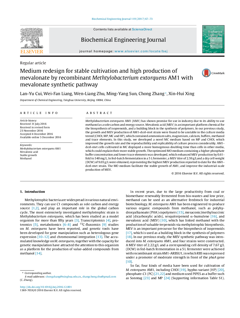 Regular articleMedium redesign for stable cultivation and high production of mevalonate by recombinant Methtylobacterium extorquens AM1 with mevalonate synthetic pathway