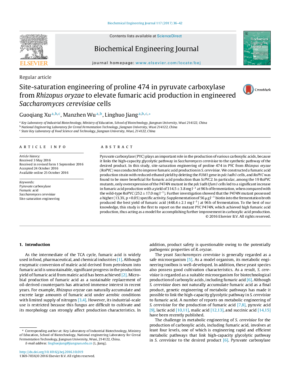 Regular articleSite-saturation engineering of proline 474 in pyruvate carboxylase from Rhizopus oryzae to elevate fumaric acid production in engineered Saccharomyces cerevisiae cells