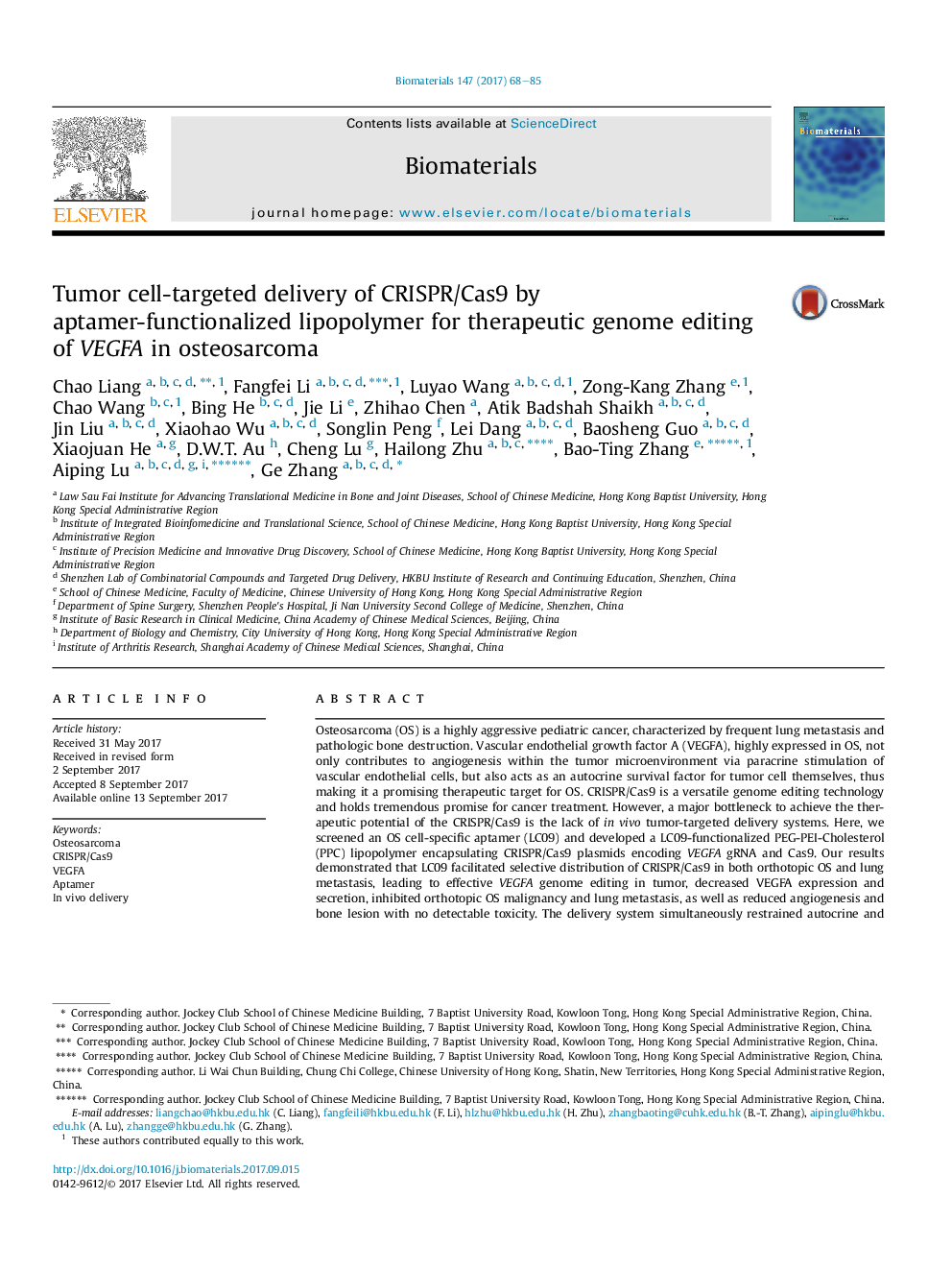 Tumor cell-targeted delivery of CRISPR/Cas9 by aptamer-functionalized lipopolymer for therapeutic genome editing of VEGFA in osteosarcoma