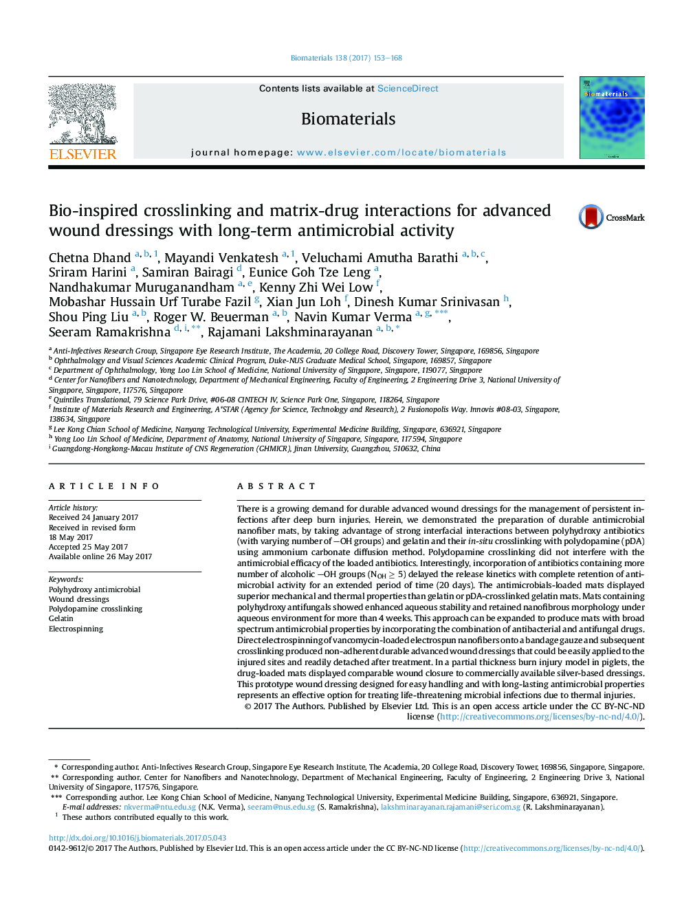 Bio-inspired crosslinking and matrix-drug interactions for advanced wound dressings with long-term antimicrobial activity