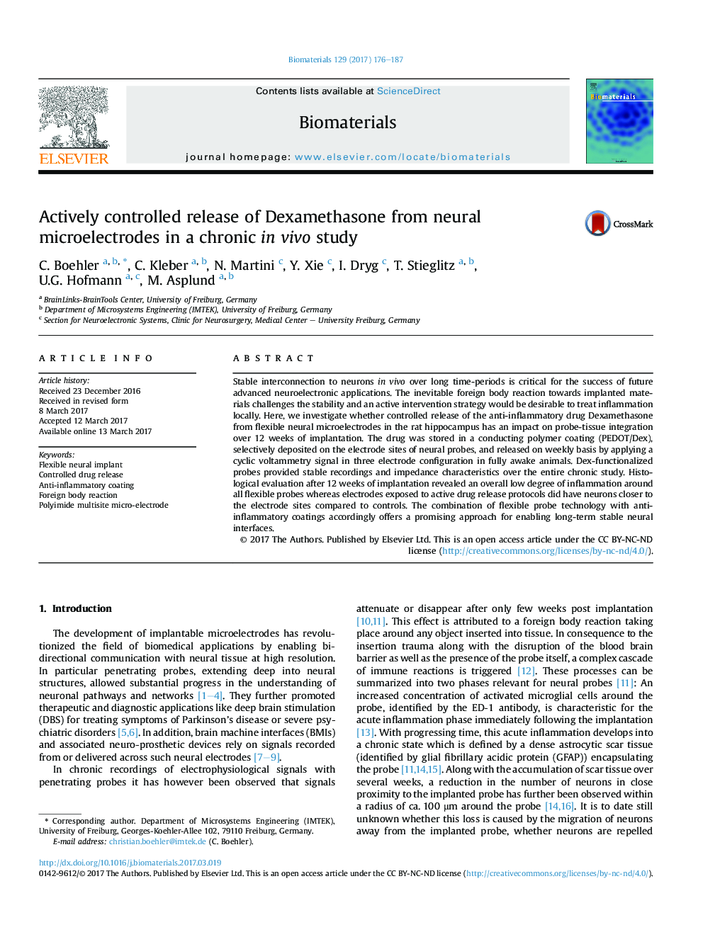 Actively controlled release of Dexamethasone from neural microelectrodes in a chronic inÂ vivo study