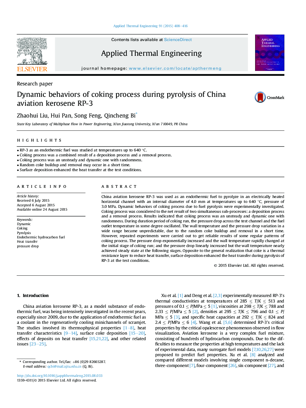 Dynamic behaviors of coking process during pyrolysis of China aviation kerosene RP-3