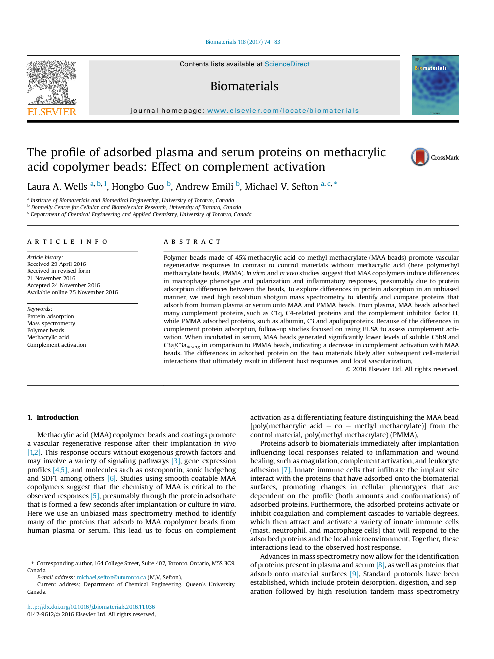 The profile of adsorbed plasma and serum proteins on methacrylic acid copolymer beads: Effect on complement activation