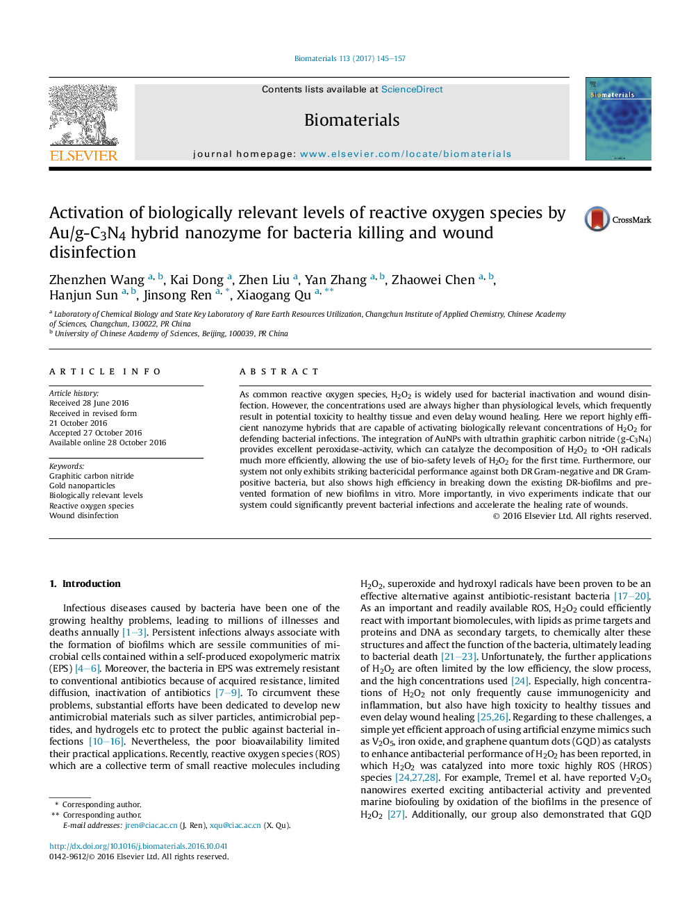 Activation of biologically relevant levels of reactive oxygen species by Au/g-C3N4 hybrid nanozyme for bacteria killing and wound disinfection