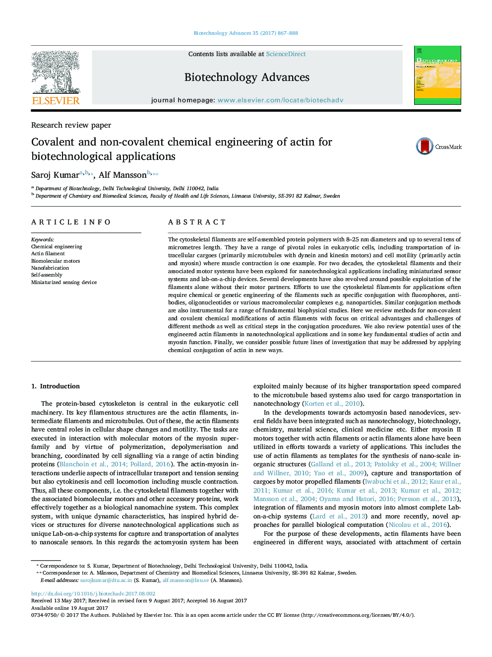 Research review paperCovalent and non-covalent chemical engineering of actin for biotechnological applications